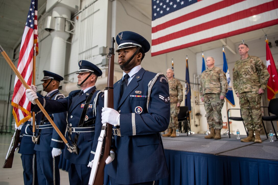 The 123rd Airlift Wing Color Guard presents the colors during a ceremony at the Kentucky Air National Guard Base in Louisville, Ky., Oct. 14, 2023. The ceremony, which highlighted the unit’s accomplishments over the last four years, concluded with the presentation of the wing’s 20th Air Force Outstanding Unit Award. (U.S. Air National Guard photo by Tech. Sgt. Joshua Horton)