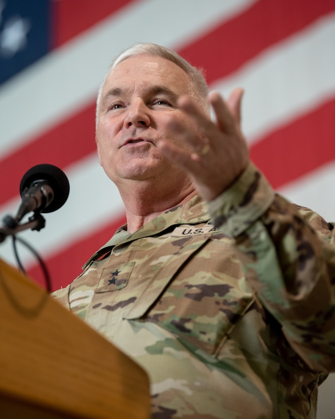 U.S. Army Maj. Gen. Haldane Lamberton, Kentucky’s adjutant general, speaks to members of the 123rd Airlift Wing during a ceremony at the Kentucky Air National Guard Base in Louisville, Ky., Oct. 14, 2023. The ceremony, which highlighted the unit’s accomplishments over the last four years, concluded with the presentation of the wing’s 20th Air Force Outstanding Unit Award. (U.S. Air National Guard photo by Tech. Sgt. Joshua Horton)