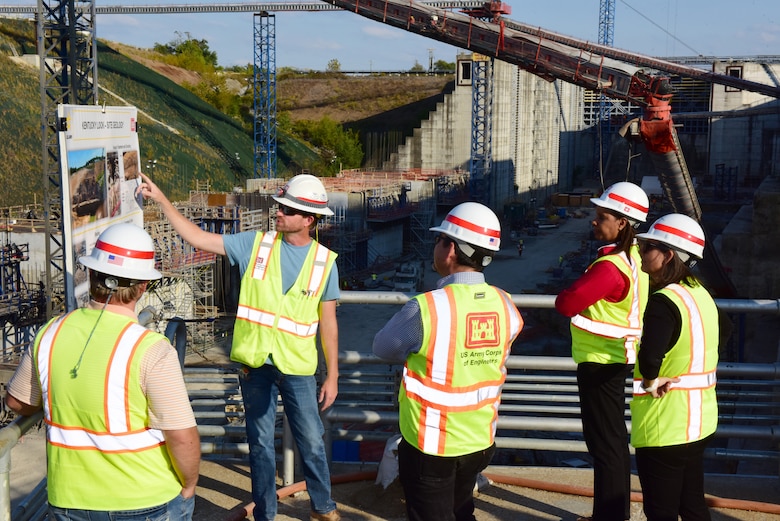 Conner Rogers (Left) and Tommy Hollowell (Second from Left) brief Secretary of the Army for Civil Works Michael L. Connors (Center); Stacey Brown (Second from Right), deputy assistant secretary of the Army for Management and Budget; and Cristie Mitchell, Nashville District deputy district engineer; about site geology Oct. 12, 2023, during a tour of the Kentucky Lock Addition Project on the Tennessee River in Grand Rivers, Kentucky. (USACE Photo by Lee Roberts)