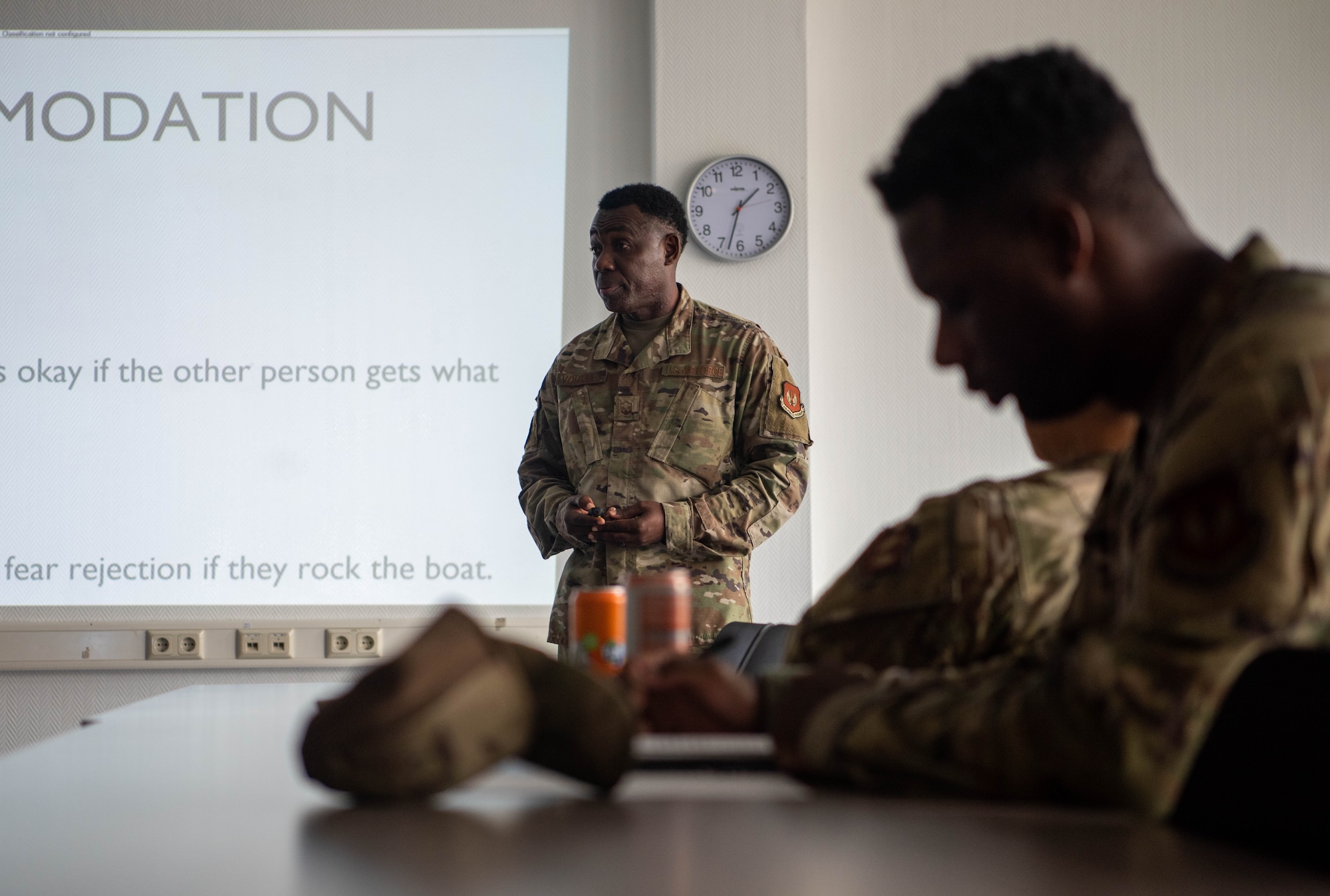 U.S. Air Force Master Sgt. Samuel Vourjulu, 86th Civil Engineer Group unit deployment manager, teaches a class about emotional management for the Hercules University at Ramstein Air Base.