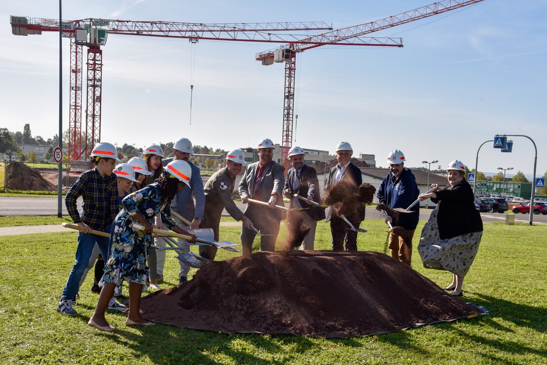 Project partners and members of the local community celebrate construction of the new Spangdahlem Elementary School being constructed during a groundbreaking ceremony at Spangdahlem Air Base October 11, 2023. (U.S. Army photo by Chris Gardner)