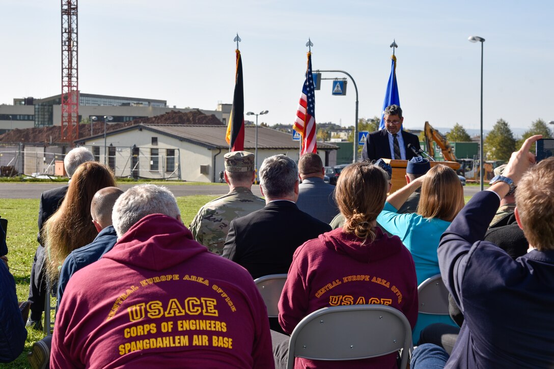 U.S. Army Corps of Engineers, Europe District Department of Defense Education Activity Program Manager Steve Ross speaks on the significance of the new Spangdahlem Elementary School being built during a groundbreaking ceremony for the new school on Spangdahlem Air Base October 11, 2023. He was joined there by representatives from the Department of Defense Education Activity, U.S. Army Corps of Engineers, German construction partners and other members of the Spangdahlem Air Base community to celebrate the project with ceremonial groundbreaking. (U.S. Army photo by Chris Gardner)