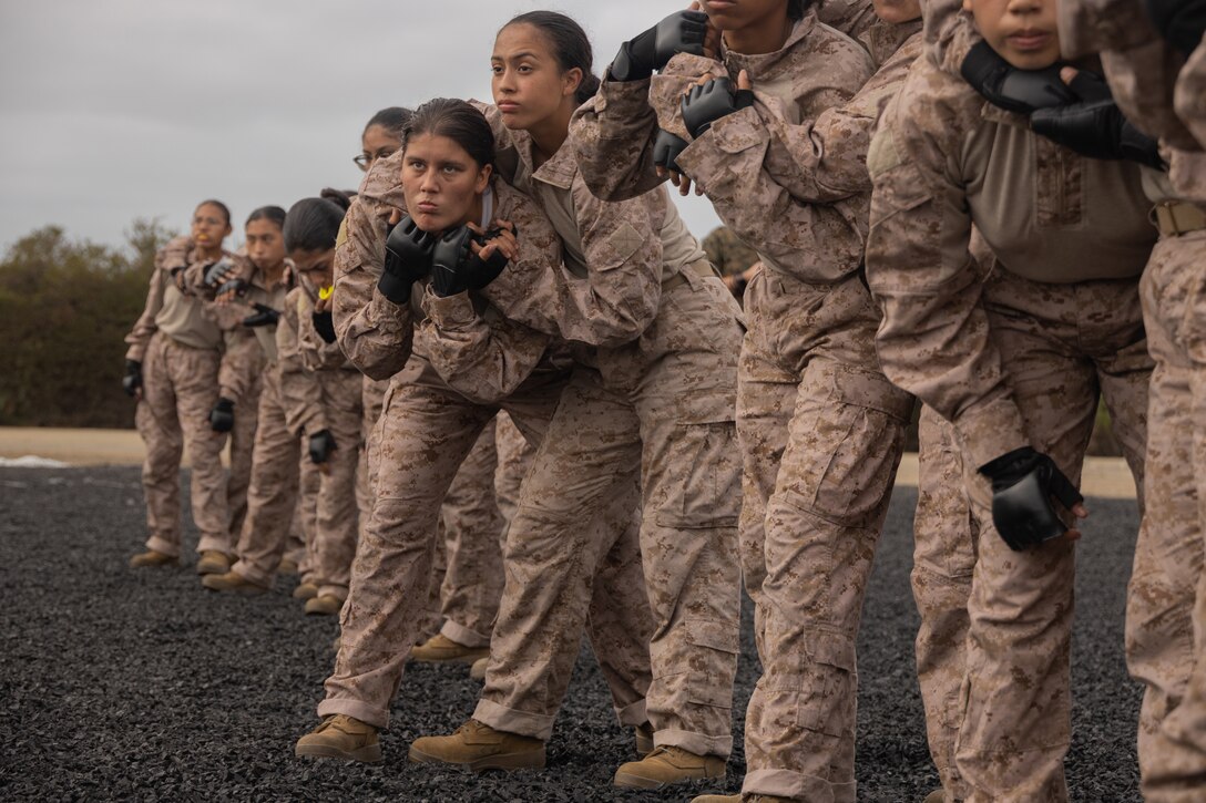 A group of Marines stand in a line with some in chokeholds.