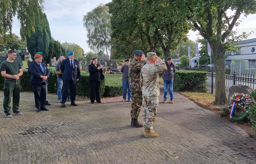 Members from Army Field Support Battalion-Benelux, U.S. Army Garrison Benelux, the Dutch Ministry of Defense, and local veteran groups and historians meet at the memorial site for a U.S. Army Air Forces B-17F Flying Fortress and aircrew that was shot down and crashed near there on Oct. 14, 1943. This year marks the 80th anniversary of that faithful day. (Courtesy photo)