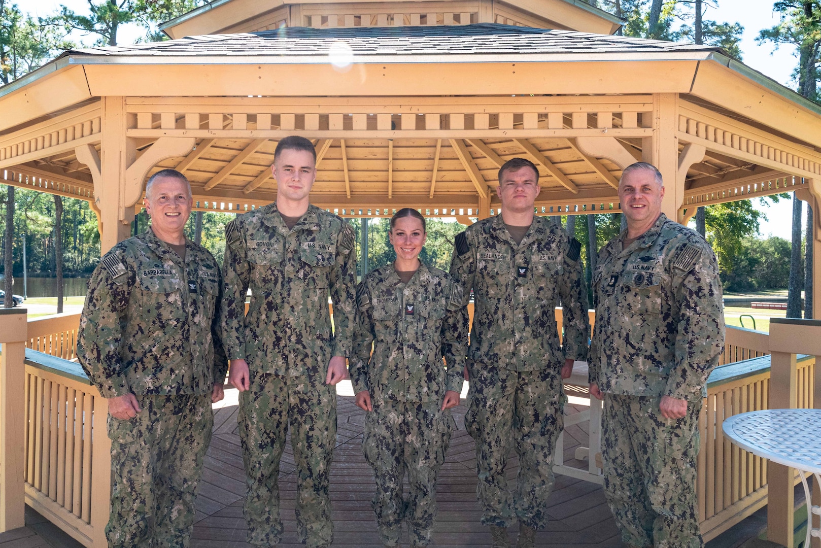 Capt. Sean Barbabella, left, Commander of Naval Health Clinic Cherry Point and Senior Chief Petty Officer Michael Corapi, the Senior Enlisted Advisor aboard Naval Health Clinic Cherry Point, stand with Sailors from the clinic recognized with “Of the Quarter” honors for their diligence and excellence in patient care.  

From left to right, recognized were Hospitalman Francis Govoni as Blue Jacket of the Quarter, Hospitalman Second Class McKenzie Thompson as Sailor of the Quarter and Hospitalman Third Class Chase Sealander as Junior Sailor of the Quarter.