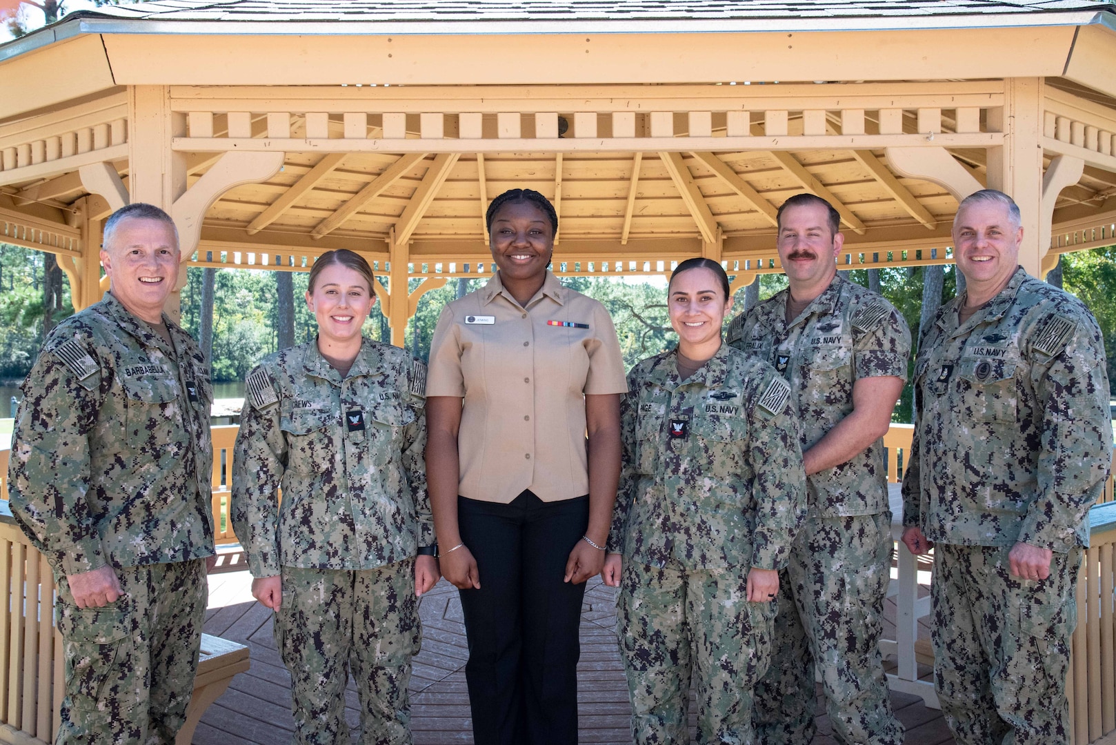 Capt. Sean Barbabella, left, Commander of Naval Health Clinic Cherry Point and Senior Chief Petty Officer Michael Corapi, the Senior Enlisted Advisor aboard Naval Health Clinic Cherry Point, stand with Sailors from the clinic recognized with “Of the Year” honors for their diligence and excellence in patient care.  

From left to right, recognized were Hospitalman Third Class Sophia Crews as Junior Sailor of the Year, Hospitalman Meaghan Jenkins as Blue Jacket of the Year, Hospitalman Second Class Emily Page as Sailor of the Year and Hospitalman First Class Garett Fralix as Senior Sailor of the Year.