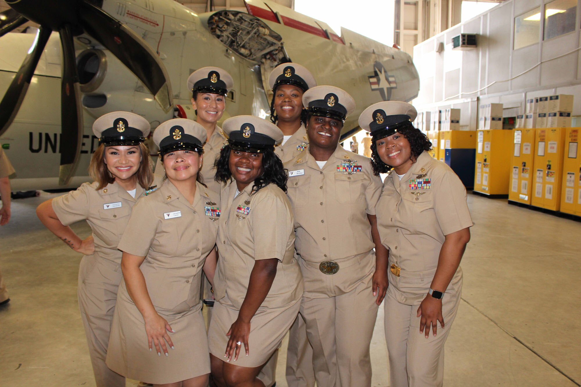 NIWC Atlantic joined forces with the Airborne Command & Control and Logistics Wing (ACCLOGWING) for the 2023 Navy Chief Petty Officer Pinning ceremony hosted by VAW-120 on Sept. 29 at 10:00am in LP-34 Hangar, Norfolk, VA. NIWC Atlantic's YNC Bilaal Porter, ITC Nick Mayer, LSC Matthew Hughes, ITC Jereyme Nova, and OSC Tonya Booker, along with 20 other ACCLOGWING CPO Selectees had their anchors pinned on and their caps donned during the traditional Navy ceremony.  NIWC Atlantic's GySgt Regino Rosales (USMC) also completed the precursor CPO season training and was recognized as an Honorary Navy Chief Petty Officer.