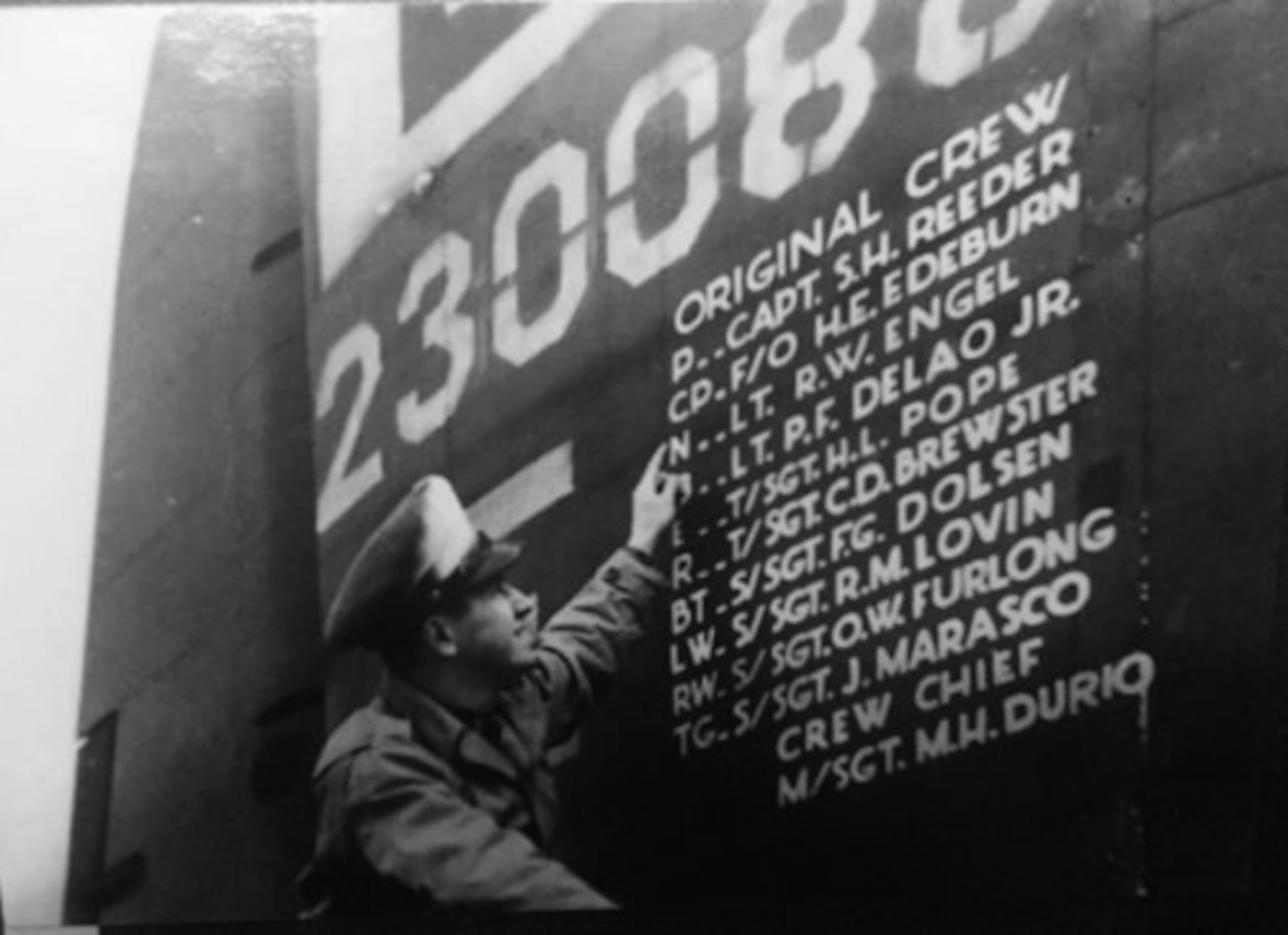 The tail of the original “Squawkin Hawk,” a B-17 Flying Fortress which flew out of Thorpe Abbotts, Norfolk, England, during World War II and was the first from the 100th Bomb Group to reach 50 combat missions, displays the names of its first assigned crew in 1943. Royal Air Force Mildenhall’s heritage nose art honors those who served at Thorpe Abbotts during World War II, many of whom made the ultimate sacrifice. (Courtesy photo from 100th Bomb Group Foundation archives)