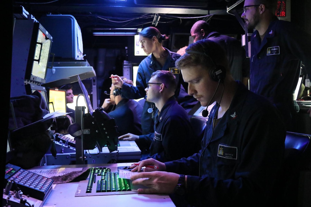 Sailors conduct strike scenarios while underway in the Mediterranean Sea.