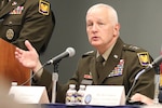 U.S. Army Lt. Gen. Jon Jensen leads a panel, “Director of the U.S. Army National Guard Seminar: The Next Greatest Generation is Now!” with four Army National Guard general officers Oct. 10, 2023, at the AUSA 2023 Annual Meeting and Exposition in Washington.