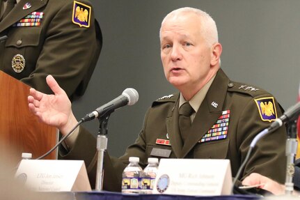 U.S. Army Lt. Gen. Jon Jensen leads a panel, “Director of the U.S. Army National Guard Seminar: The Next Greatest Generation is Now!” with four Army National Guard general officers Oct. 10, 2023, at the AUSA 2023 Annual Meeting and Exposition in Washington.
