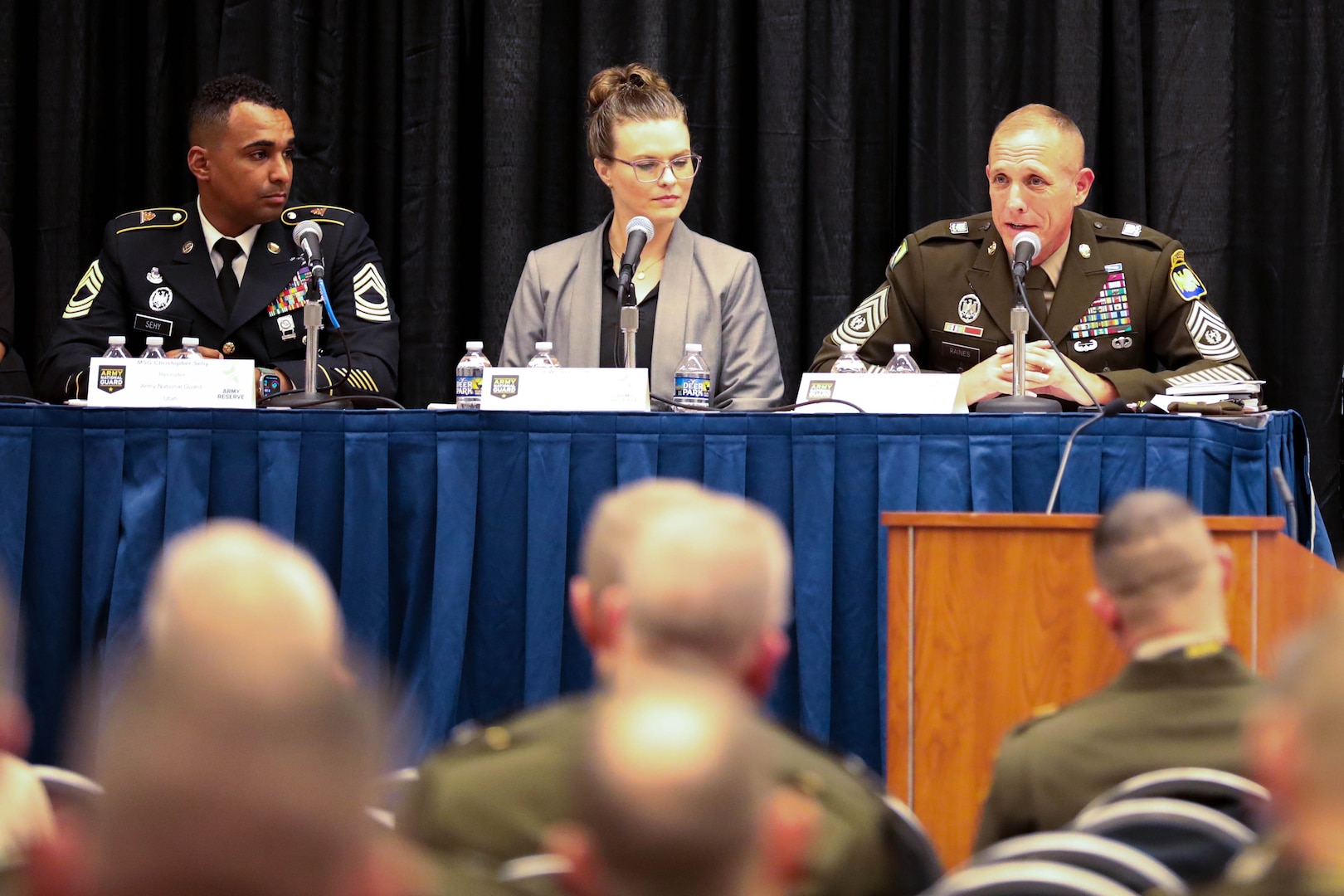 Command Sgt. Maj. John Raines, the senior enlisted leader of the Army National Guard, discusses how “Be All You Can Be” motivated him to join the U.S. Army. Raines led a panel alongside U.S. Army Reserve Command Sgt. Maj. Andrew Lombardo Oct. 9, 2023, at the AUSA 2023 Annual Meeting and Exposition.