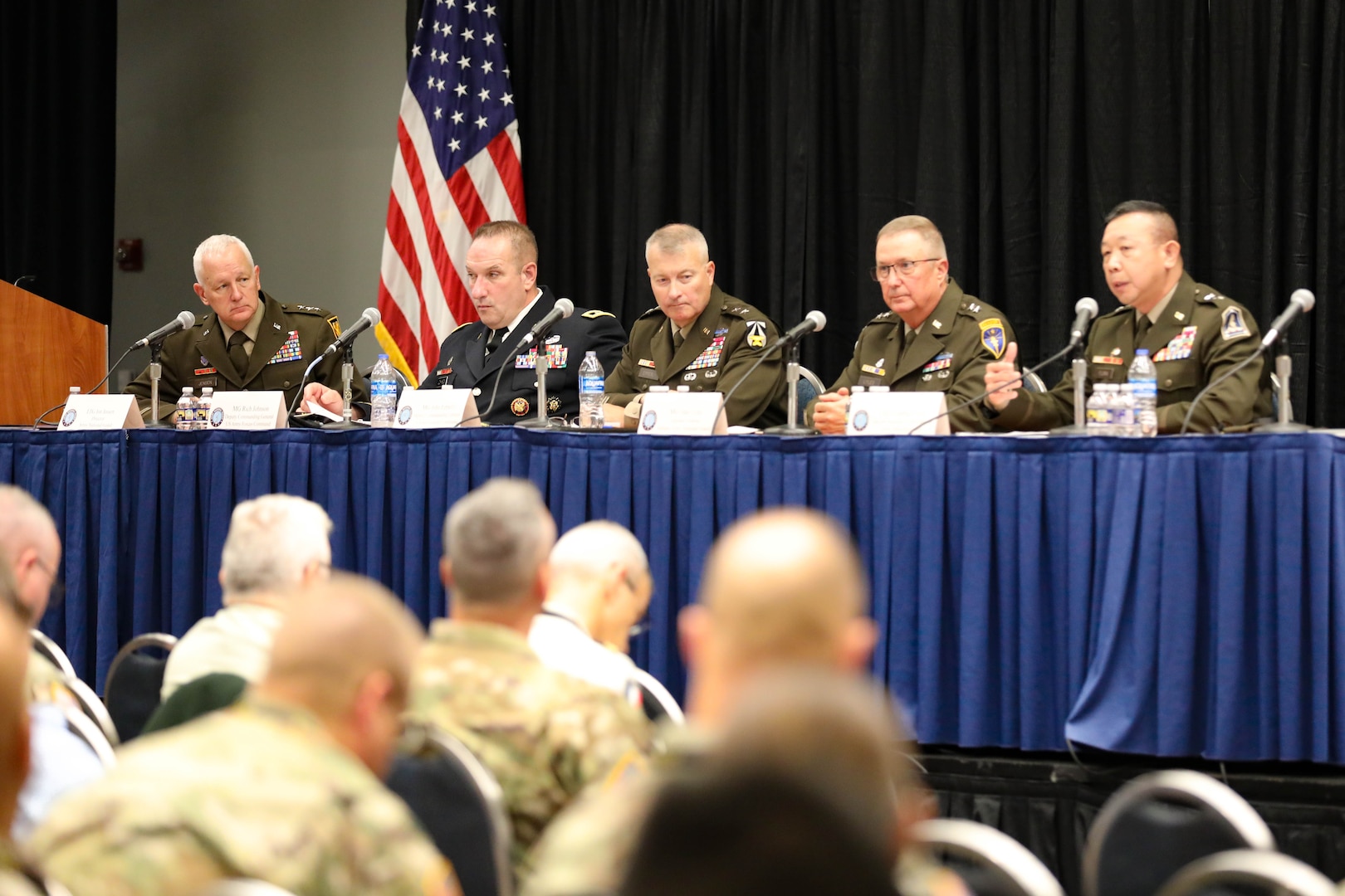 U.S. Army Lt. Gen. Jon Jensen leads a panel discussion with four Army National Guard general officers Oct. 10, 2023, at the AUSA 2023 Annual Meeting and Exposition in Washington, D.C.