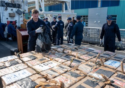 The crew of the Coast Guard Cutter Steadfast (WMEC 623) offloaded more than 11,600 pounds of cocaine and 5,500 pounds of marijuana worth an estimated $158 million in San Diego.