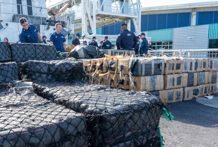 The crew of the Coast Guard Cutter Steadfast (WMEC 623) offloaded more than 11,600 pounds of cocaine and 5,500 pounds of marijuana worth an estimated $158 million in San Diego.