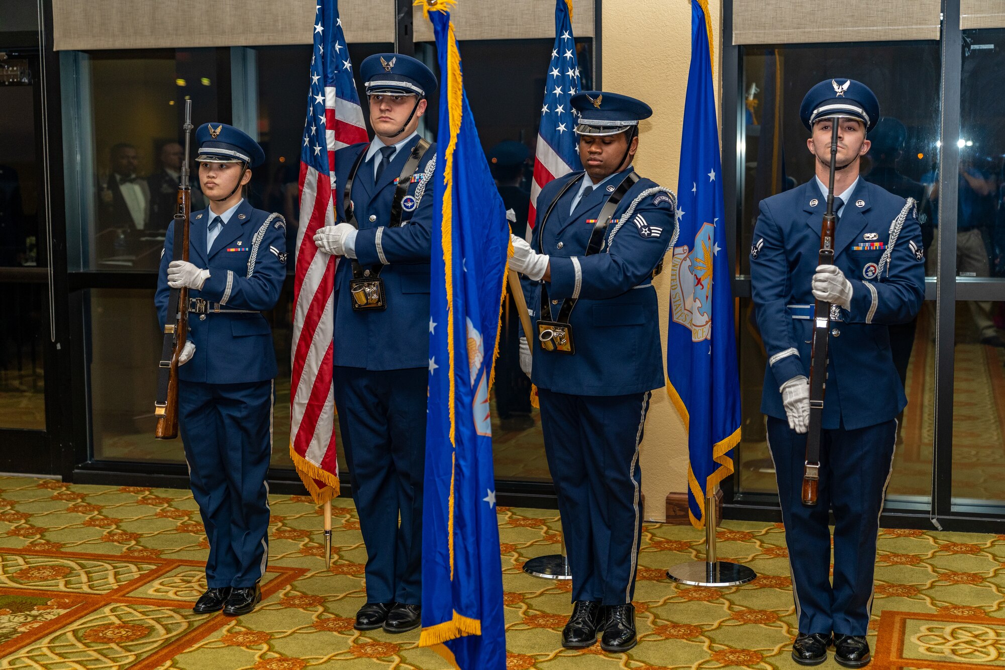 The Keesler Honor Guard presents the colors during the Senior Noncommissioned Officer Induction Ceremony at Keesler Air Force Base, Mississippi, Oct. 13, 2023.
