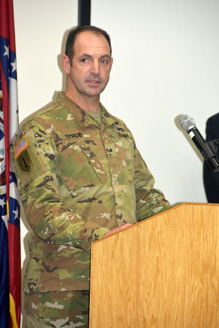 Brig. Gen. Matthew Strub, Wisconsin’s deputy adjutant general for Army, speaks during a formal change of command ceremony Oct. 14 at the Wisconsin Military Academy, Fort McCoy, Wis.