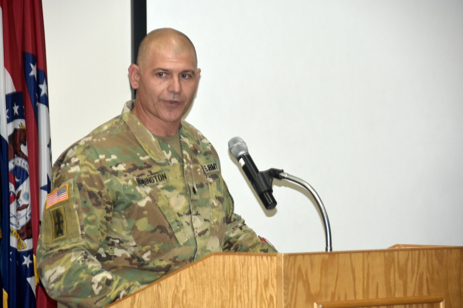 Lt. Col. Nathan Bennington speaks during a formal change of command ceremony Oct. 14 at the Wisconsin Military Academy, Fort McCoy, Wis.