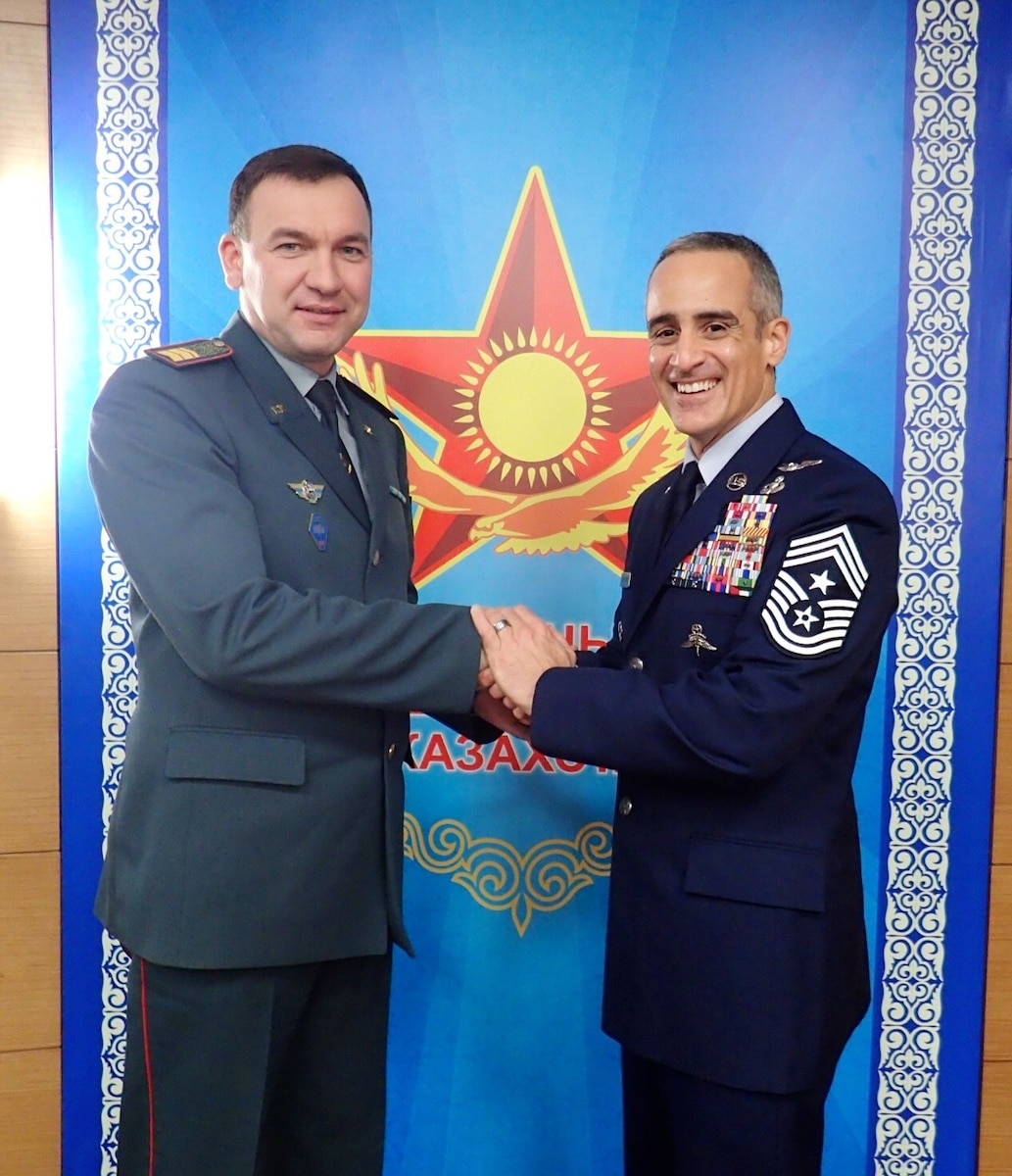 Air Forces Central Command Chief Master Sgt. Ramón "CZ" Colón-López poses for a photo with another senior noncommissioned officer during a professional development exercise in Kazakhstan. The exercise was designed to help prepare senior NCOs to develop the skills necessary to succeed in their careers. (Courtesy photo)