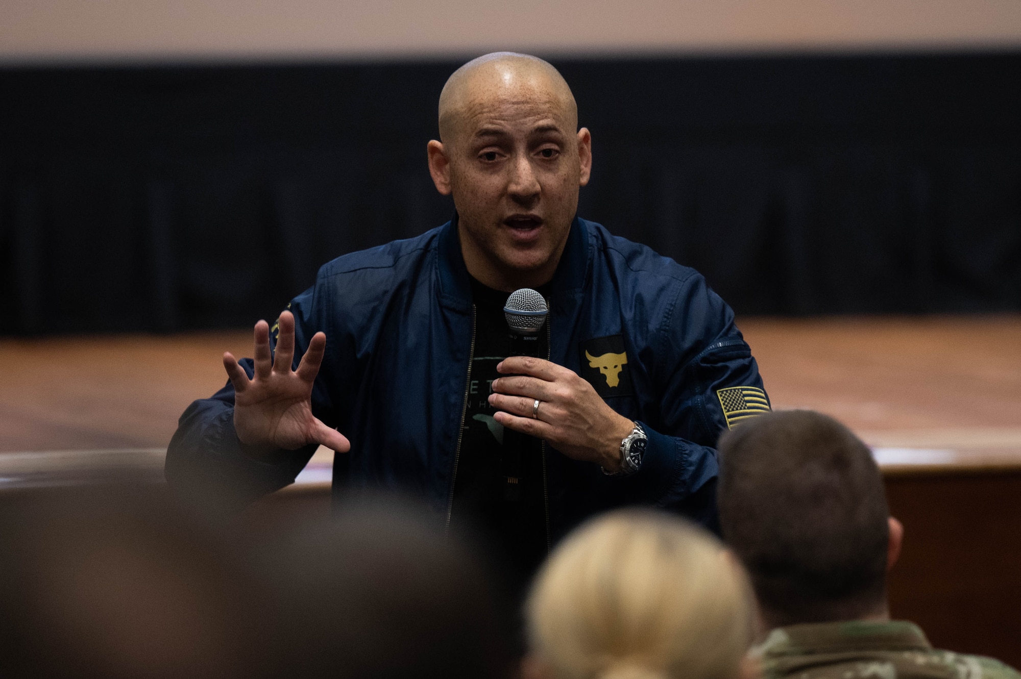 Guest speaker Kevin Hines shares his story of survival during a Comprehensive Fitness Day event at Joint Base McGuire-Dix-Lakehurst, N.J., Oct. 16, 2023. The JB MDL Integrated Prevention and Resilience Office coordinated multiple events throughout the day to promote mental, physical, social and spiritual wellness for service members. (U.S. Air Force photo by Airman 1st Class Aidan Thompson)