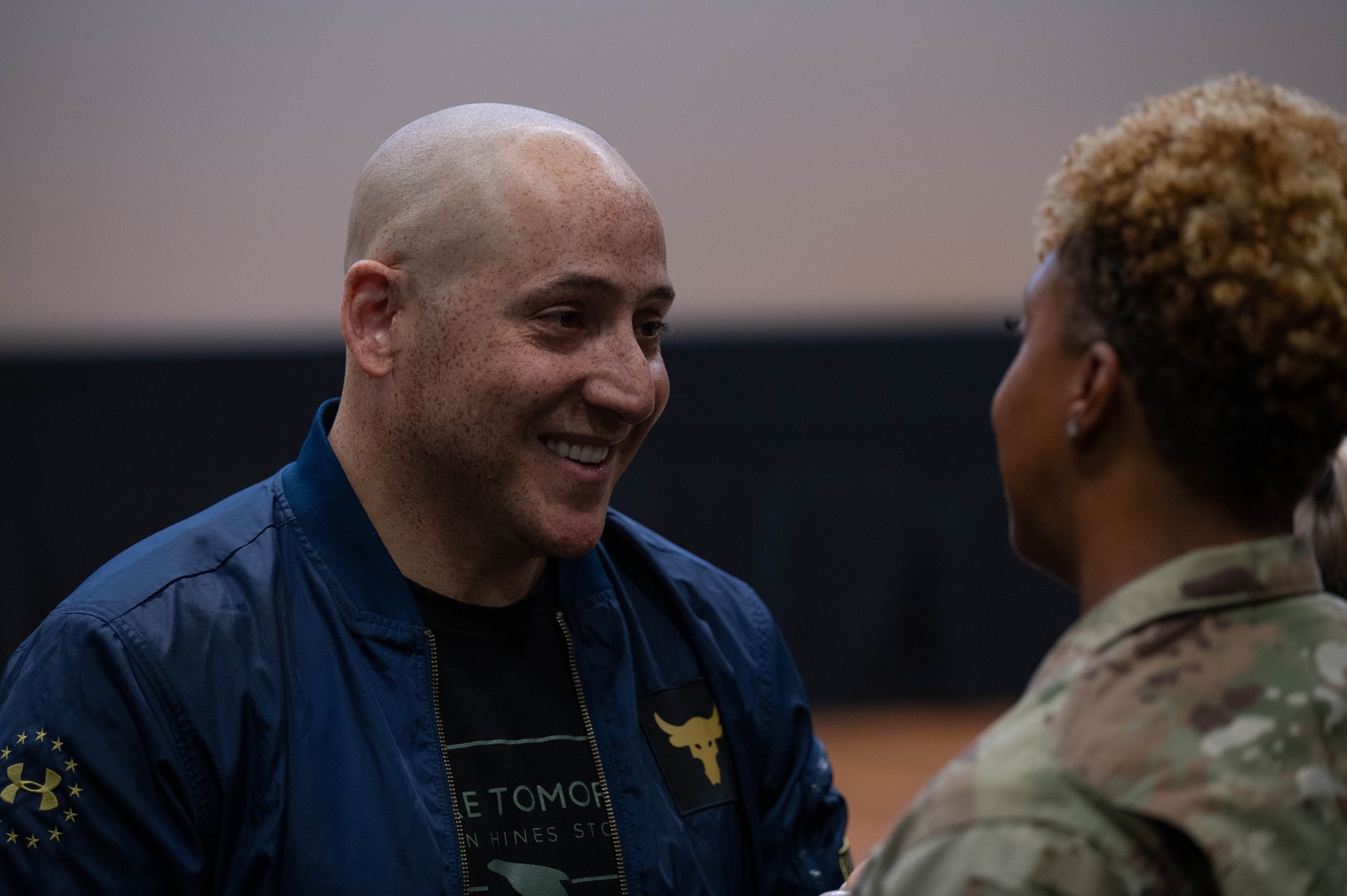 Guest speaker Kevin Hines shares his story of survival during a Comprehensive Fitness Day event at Joint Base McGuire-Dix-Lakehurst, N.J., Oct. 16, 2023. The JB MDL Integrated Prevention and Resilience Office coordinated multiple events throughout the day to promote mental, physical, social and spiritual wellness for service members. (U.S. Air Force photo by Airman 1st Class Aidan Thompson)