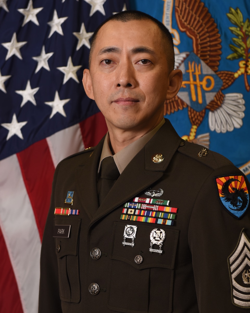 U.S. Army Command Sgt. Maj. TaeSung Park, incoming 344th Military Intelligence Battalion command sergeant major, poses for an official photo, taken at Goodfellow Air Force Base, Texas. (U.S. Air Force photo by Airman 1st Class Evelyn J. D’Errico)