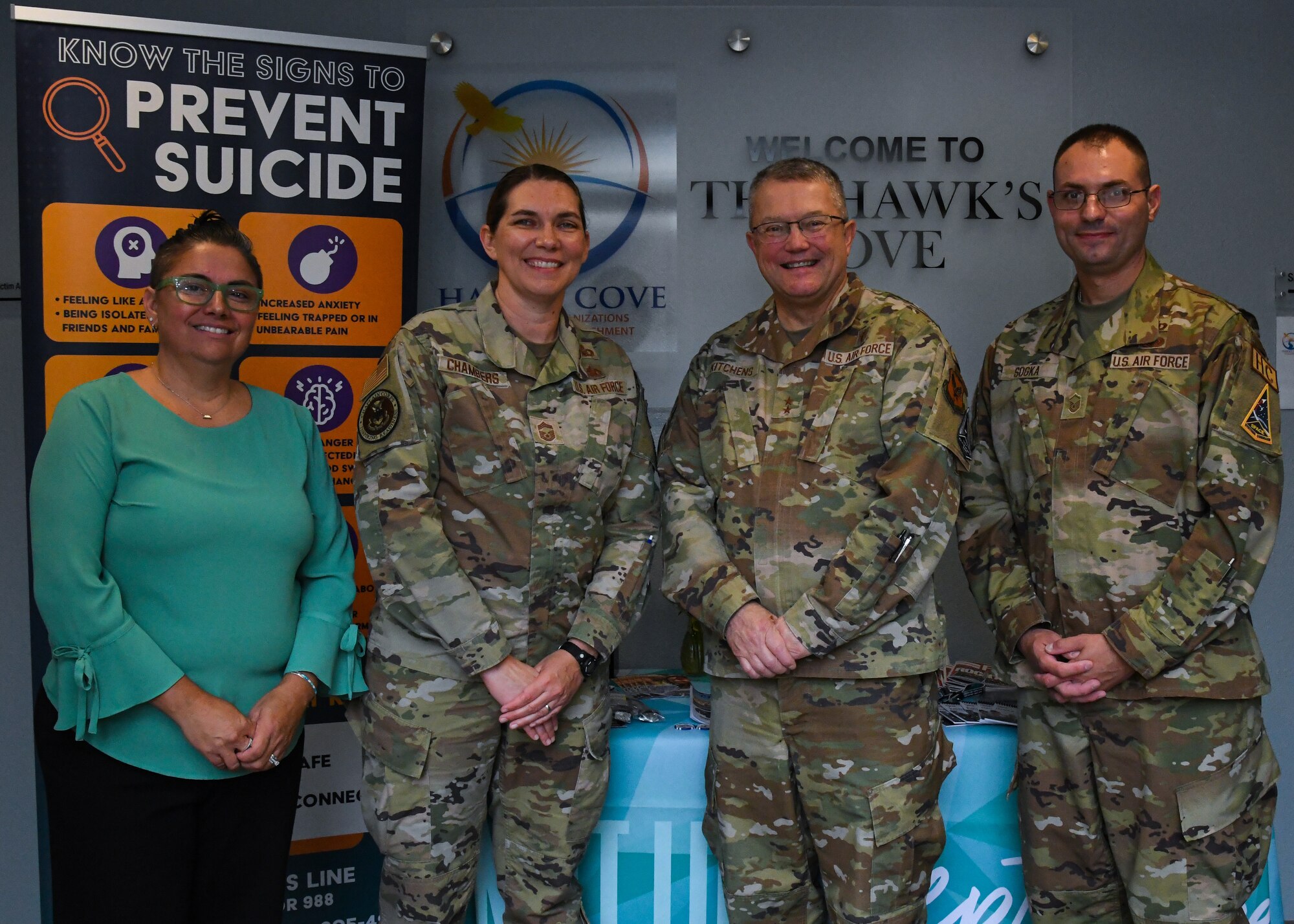 (From left to right) Jennifer Vasquez, Space Launch Delta 30 Director of Integrated Prevention and Response, U.S Air Force Command Chief Master Sgt. Sadie Chambers, Department of the Air Force Religious Affairs senior enlisted leader, Maj. Gen. Randall Kitchens, DAF chief of chaplains, Master Sgt. Jonathan Sogka, SLD 30 Religious Affairs superintendent, pose for a photo at the Hawk’s Community Organization for Vandenberg Enrichment (COVE) at Vandenberg Space Force Base, Calif., Sept. 20, 2023.