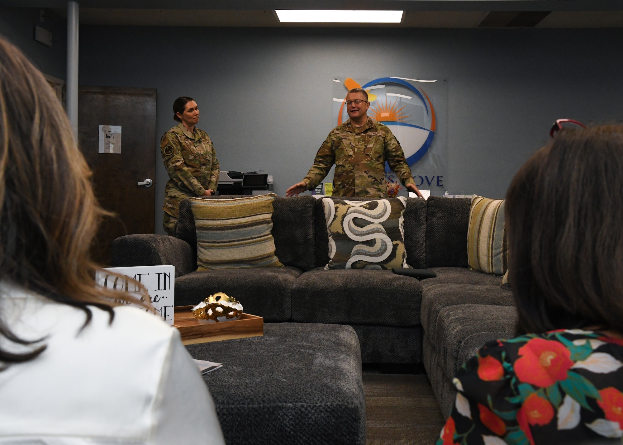 From left to right) U.S. Air Force Command Chief Master Sgt. Sadie Chambers, Department of the Air Force Religious Affairs senior enlisted leader and Maj. Gen. Randall Kitchens, DAF chief of chaplains, brief the staff of the Hawk’s Community Organization for Vandenberg Enrichment (COVE) at Vandenberg Space Force Base, Calif., Sept. 20, 2023.