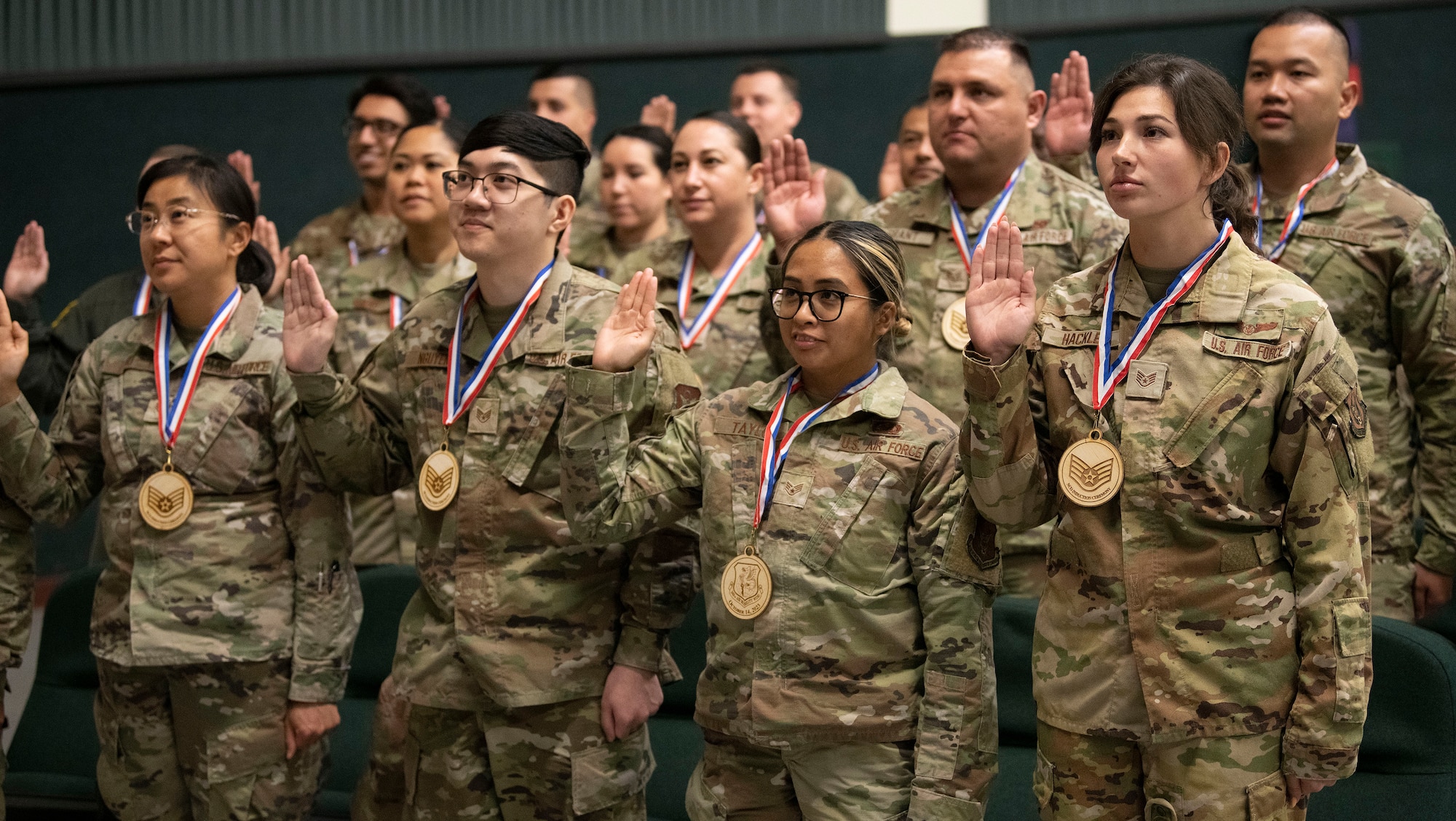 Airmen from the 349th Air Mobility Wing gathered over the October Unit Training Assembly to celebrate its newest Non-Commissioned and Senior Non-Commissioned Officers during an induction ceremony on October 14, 2023, at Travis Air Force Base, California.