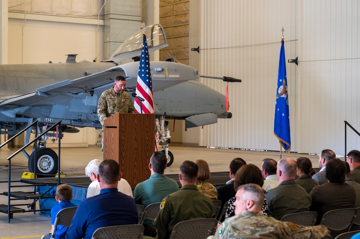 U.S. Air Force Master Sgt. Robert Biermann, 355th Wing Public Affairs senior enlisted leader, emcees the Honorary Commanders Change of Command ceremony at Davis-Monthan Air Force Base, Ariz., Oct. 12, 2023. The honorary commander program provides local civilians the opportunity to learn about the DM mission by attending various base ceremonies and events.