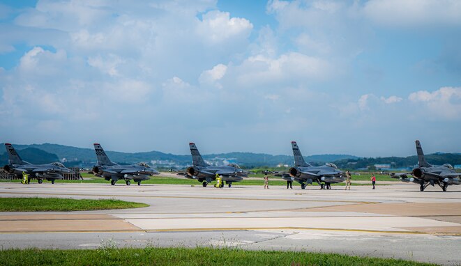 U.S. Air Force F-16 Fighting Falcons assigned to the 36th Fighter Squadron prepare to taxi the runway for takeoffs as part of Cope Taufan 23 at Osan Air Base, Republic of Korea, Sept. 18, 2023. CTFN23 is a Pacific Air Forces-sponsored routine bilateral training exercise conducted in Malaysia with the Royal Malaysian Air Force. The exercise is intended to improve U.S. and Malaysian readiness while reinforcing U.S. Indo-Pacific Command’s theater security campaign goals in southeast Asia. (U.S. Air Force photo by Staff Sgt. Kelsea J. Caballero)