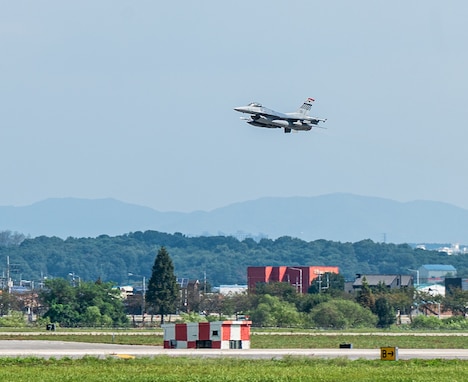 A U.S. Air Force F-16 Fighting Falcon assigned to the 36th Fighter Squadron takes off from the flightline as it heads toward Malaysia in support of Cope Taufan 23 at Osan Air Base, Republic of Korea, Sept. 18, 2023. CTFN23 is a bilateral routine training event with the Royal Malaysian Air Force, where an estimated 220 U.S. personnel will participate alongside cargo aircraft, fighter jets, and similar aircraft under the RMAF. CTFN23 is intended to improve U.S. and Malaysian readiness while reinforcing U.S. Indo-Pacific Command’s theater security campaign goals in southeast Asia. (U.S. Air Force photo by Staff Sgt. Kelsea J. Caballero)