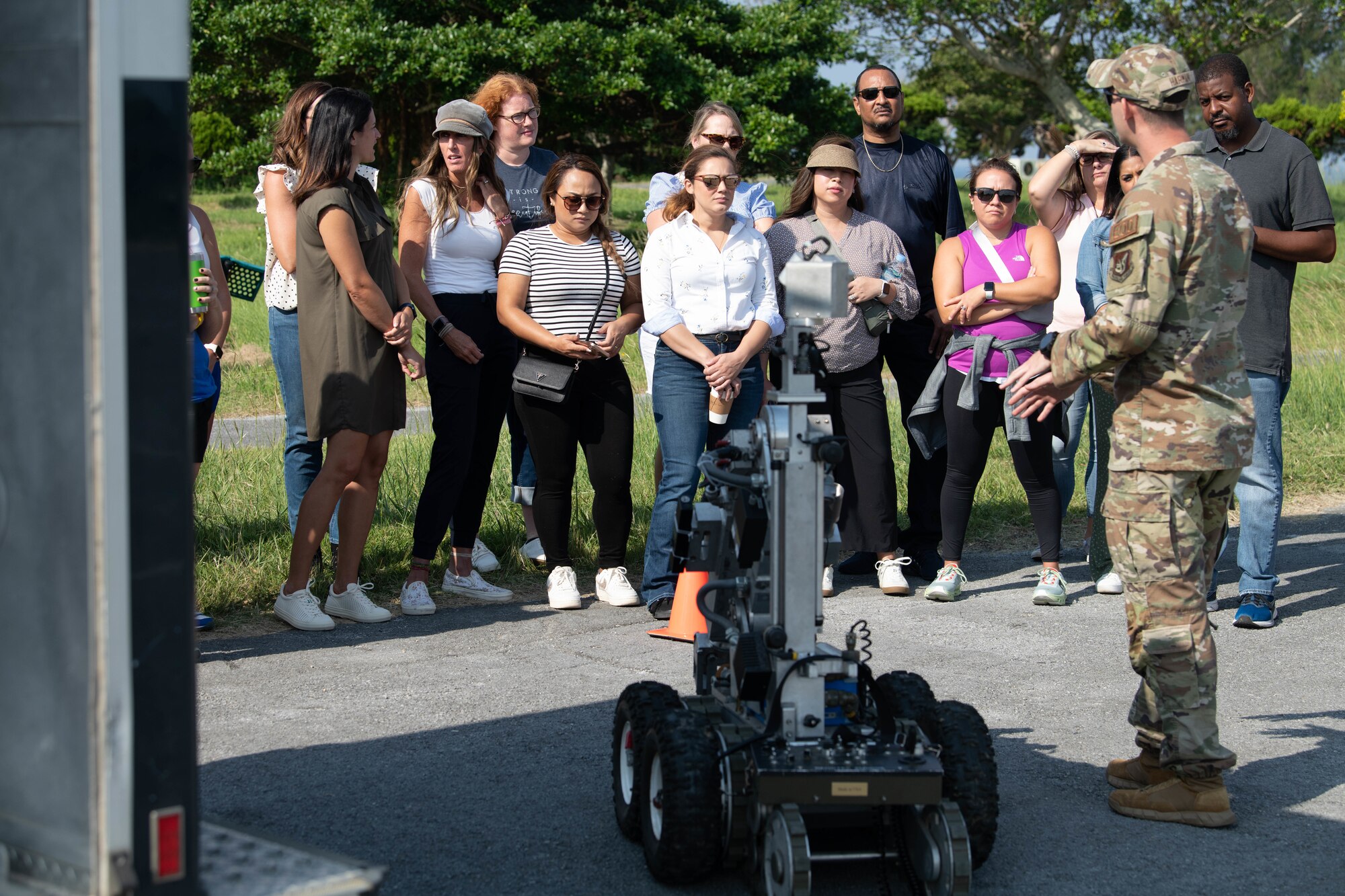 Kadena Airman explains the use of explosive ordinance disposal robot