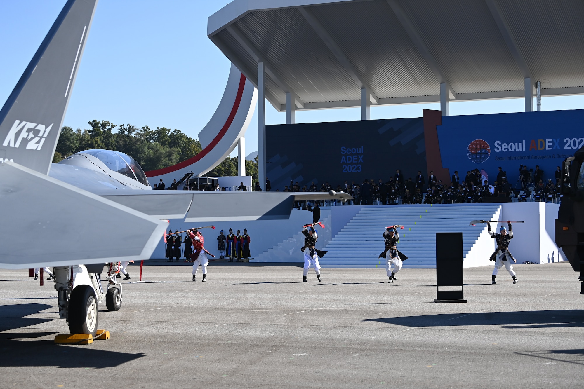 Performers conduct a demonstration during the official opening ceremony for the 2023 Seoul International Aerospace and Defense Exhibition at Seoul Air Base, Republic of Korea, Oct. 17, 2023.