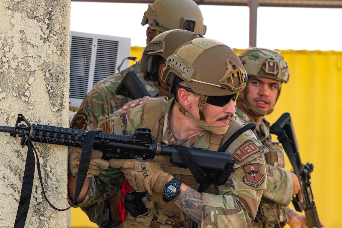 Tech. Sgt. Robert Tatum, Airman 1st Class Michael Howerton, and Airman 1st Class Donavan Eady went through Military Operations on Urban Terrain in Maxwell AFB’s “Sim City”