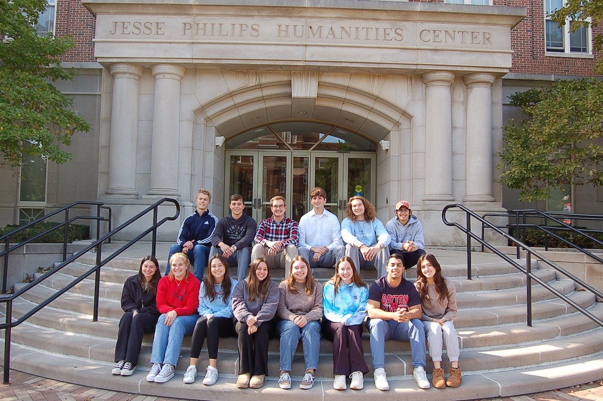 The 2023-24 Stitt Scholar Program student cohort is pictured on the University of Dayton, or UD, campus in Dayton, Ohio, Oct. 9, 2023. UD Stitt Scholars, all of whom are multidisciplinary undergraduate students based in UD’s School of Engineering, School of Business Administration or College of Arts and Sciences, complete a paid internship experience spanning one full academic year that is typically tied to a local technology-based or -enabled entrepreneurial effort. This year, three of the Stitt Scholars selected the rollout of Educational ARES OS software, hardware and curriculum solutions into local schools for free or low-cost as their internship focus. (Courtesy photo / Michael Moulton)