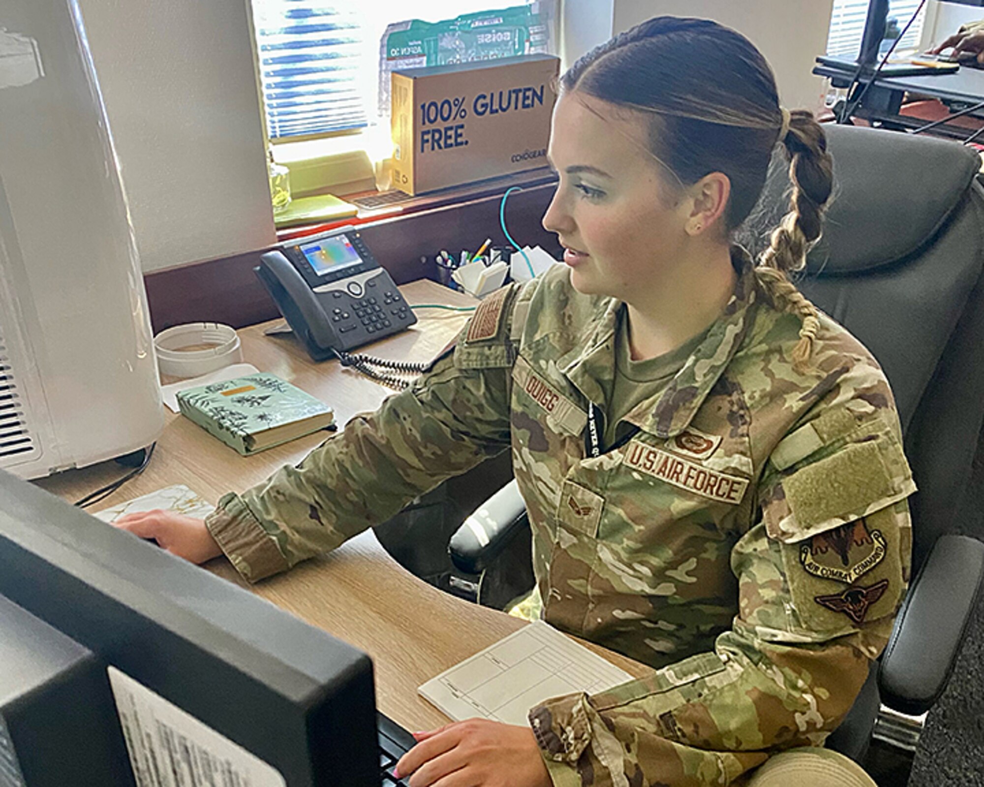 Maryland Air National Guard Senior Airman Elizabeth Quigg, a Cryptologic Analyst and Reporter assigned to the 135th Intelligence Squadron, works at a computer terminal at Ramstein Air Base, Germany, Oct. 4, 2023.