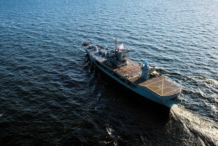 The Blue Ridge-class command and control ship USS Mount Whitney (LCC 20) displays the ensign while steaming alongside ships participating in exercise Baltic Operations 2023 (BALTOPS 23), in the Baltic Sea, June 4, 2023.