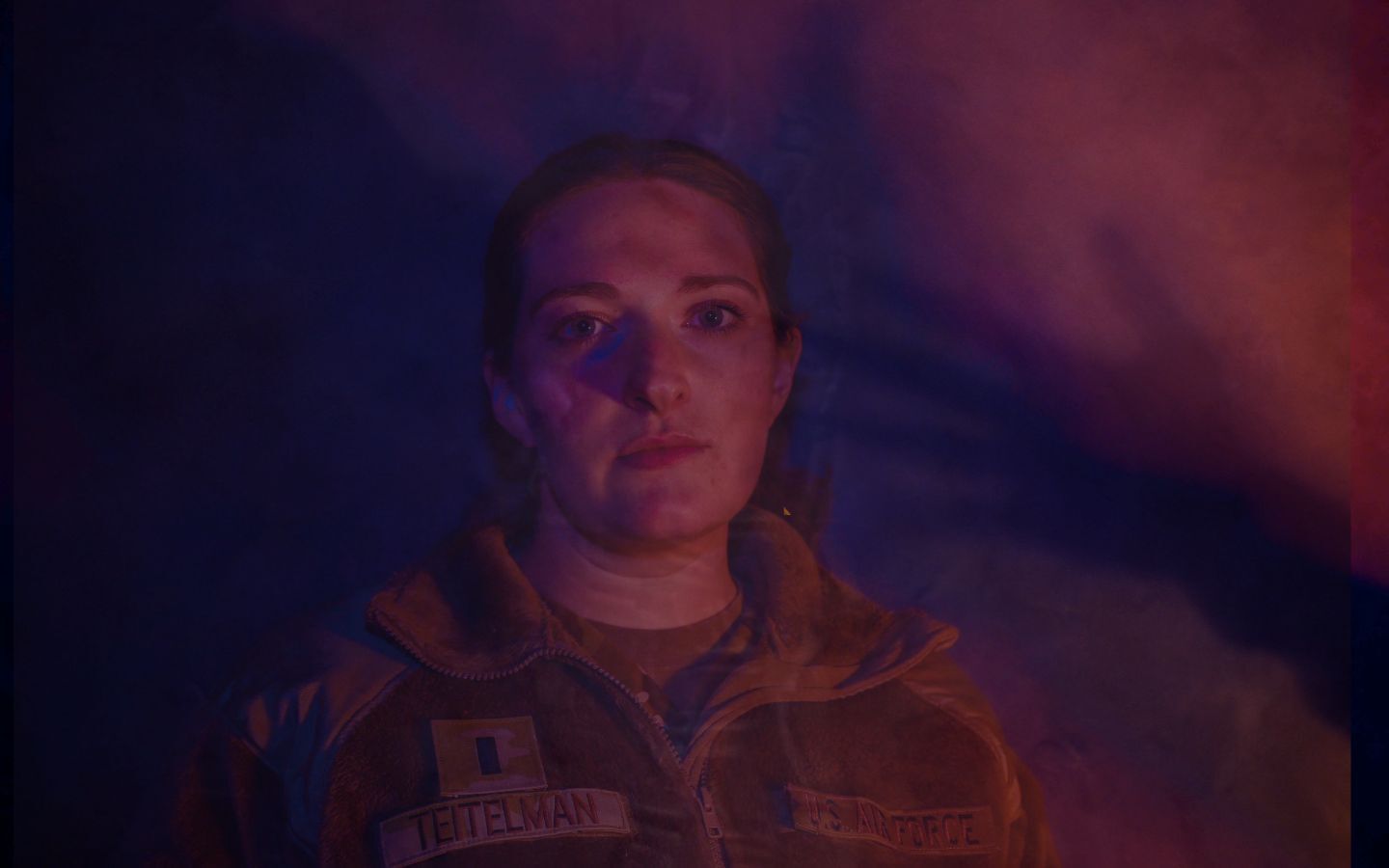 1st Lt. Elisabeth Teitelman, 97th Air Mobility Wing chief of public affairs, poses for a photo illustration at Altus Air Force Base, Oklahoma, Oct. 18, 2023. October is National Domestic Violence Awareness month, which was created to raise awareness about how to report domestic abuse and encourages community members to speak up if they suspect abuse. (U.S. Air Force photo illustration by Airman 1st Class Kari Degraffenreed)