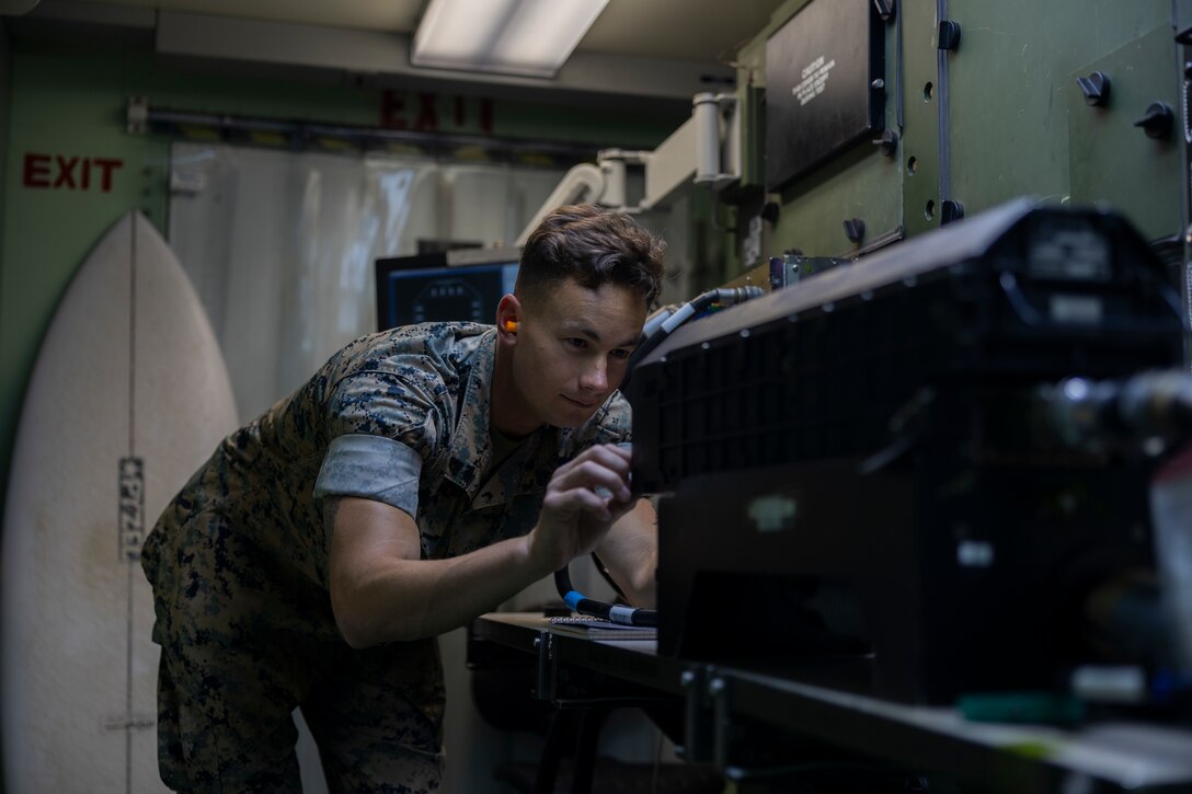 U.S. Marine Corps Cpl. Skylar Hays, an avionics technician with Marine Aviation Logistics Squadron 11, Marine Aircraft Group 11, 3rd Marine Aircraft Wing