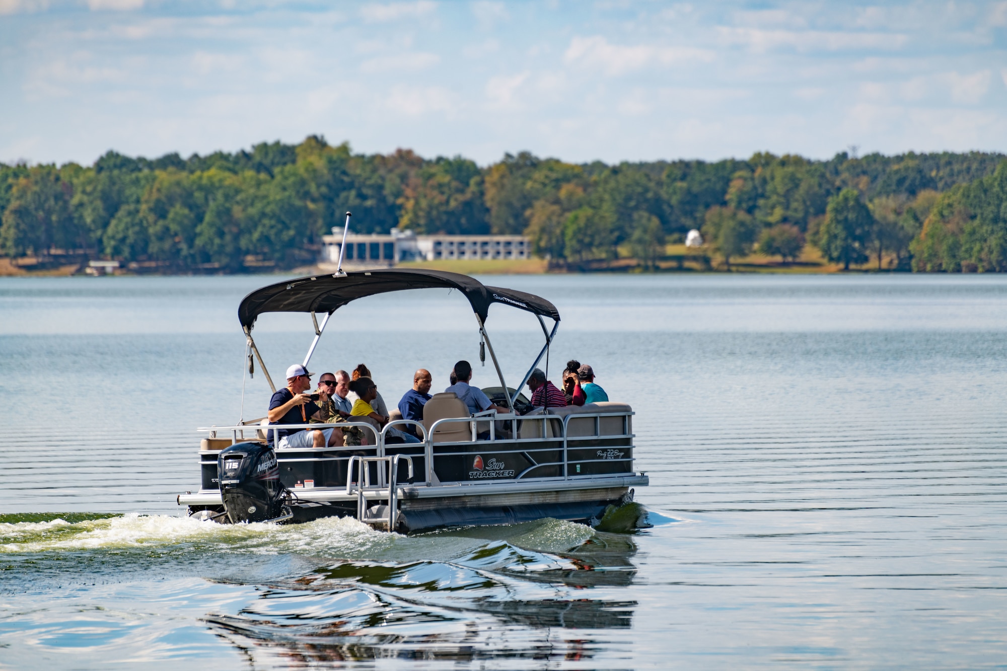 Veterans float along Woods Reservoir. Pontoon rides were offered for those in attendance for the Veterans Appreciation Picnic that took place at Arnold Lakeside Complex at Arnold Air Force Base, Tenn., Oct. 3, 2023. (U.S. Air Force photo by Keith Thornburgh)