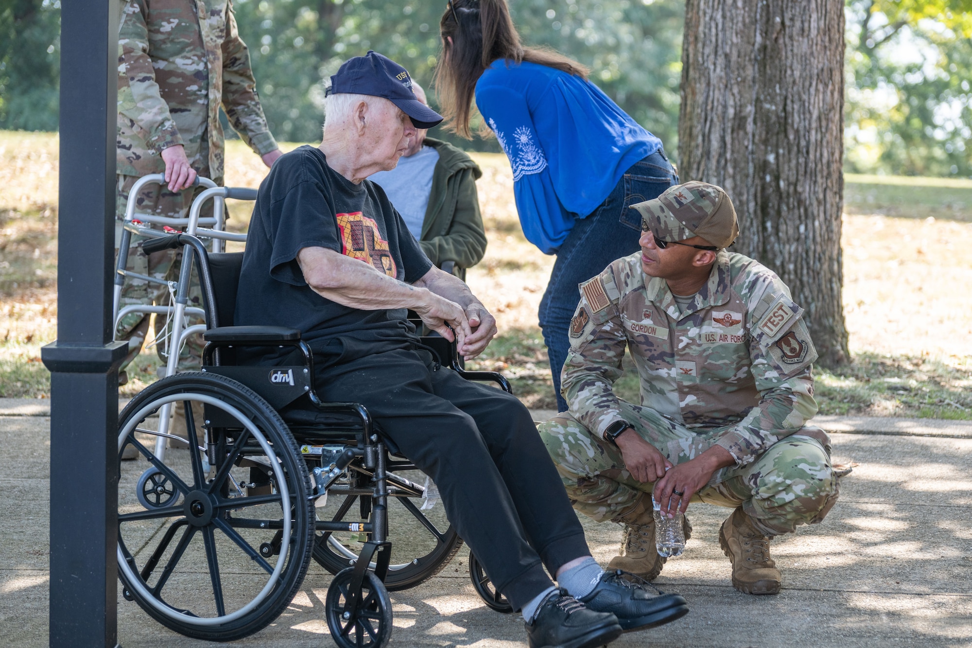 Col. Randel Gordon, Arnold Engineering Development Complex commander, right speaks with a veteran at the Veterans Appreciation Picnic that took place at Arnold Lakeside Complex at Arnold Air Force Base, Tenn., Oct. 3, 2023. (U.S. Air Force photo by Keith Thornburgh)