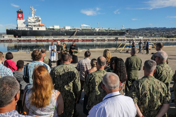 Joint Task Force-Red Hill (JTF-RH) Commander, U.S. Navy Vice Adm. John Wade addresses an audience during a blessing ceremony for the Red Hill Bulk Fuel Storage Facility defueling process, Oct. 14, 2023, at Joint Base Pearl Harbor-Hickam