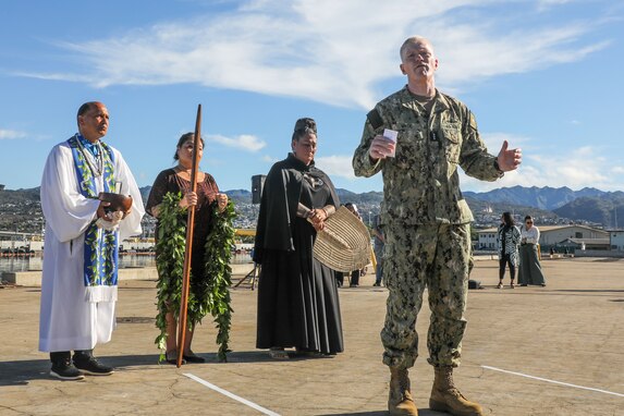 Joint Task Force-Red Hill (JTF-RH) Commander, U.S. Navy Vice Adm. John Wade addresses an audience during a blessing ceremony for the Red Hill Bulk Fuel Storage Facility defueling process, Oct. 14, 2023, at Joint Base Pearl Harbor-Hickam,