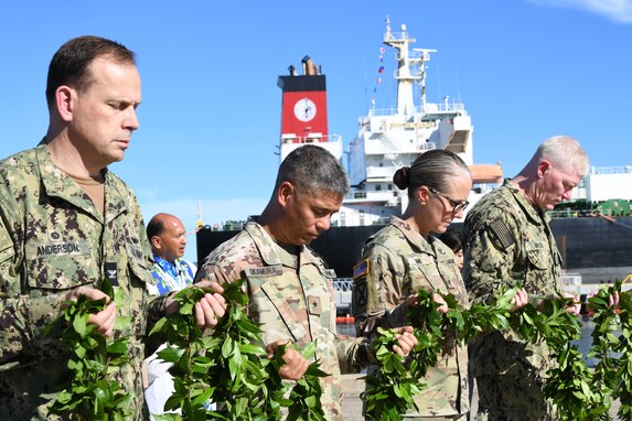 Joint Task Force–Red Hill (JTF-RH) and Defense Logistics Agency leadership hold a maile, a traditional Hawaiian lei, as part of a blessing ceremony Oct. 14, 2023, at Joint Base Pearl Harbor-Hickam, Hawaii,
