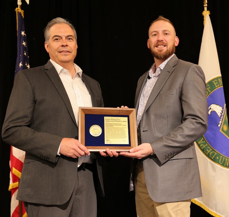 The NNSA Albuquerque Complex Project received the Department of Energy’s Project Management Achievement Award for 2022 at an awards ceremony in Washington, D.C., April 12, 2023.

Chris Velasquez, left, chief of the USACE-Albuquerque District’s Design Branch, and Kevin Vigil, Cannon Resident Engineer, USACE-Albuquerque District; hold the award at the award ceremony. Velasquez and Vigil were part of the district’s PDT for the NNSA Albuquerque Complex Project. Vigil was the project engineer and Velasquez was the tech lead.