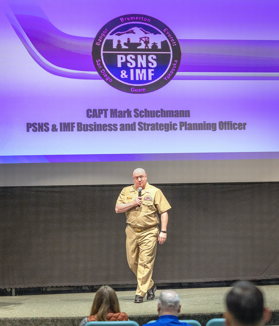 Capt. Mark Schuchmann, business and strategic planning officer, Code 1200, Business and Strategic Planning Office, speaks to Industry Day participants Oct. 5, 2023, at the Naval Undersea Museum in Keyport, Wash. (U.S.Navy photo by Max Maxfield)