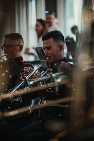 U.S. Marine Corps Cpl. Matthew Shelton, a musician with Marine Band San Diego, plays a trumpet during a performance during the 130th International Chiefs of Police Convention at the San Diego Convention Center Oct. 14, 2023. The Marine Band San Diego performed before the convention started, which consisted of law enforcement professionals gathering to advance their knowledge within the career field. (U.S. Marine Corps photo by Lance Cpl. Francisco Angel)