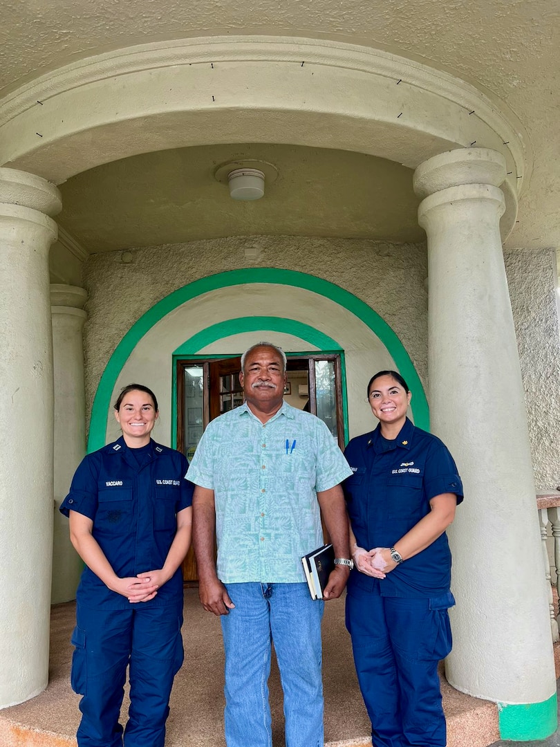 Lt. Anna Vaccaro, Dr. Patrick Tellei, and Lt. Cmdr. Christine Igisomar stand for a photo during a visit to Palau Community College in Palau in October 2023. Following the signing of an expanded bilateral law enforcement agreement in August, during the Joint Heads of Pacific Security conference, representatives of the U.S. Coast Guard and the Republic of Palau embarked on a series of meetings and initiatives to advance maritime partnership and promote regional stability. (U.S. Coast Guard photo)