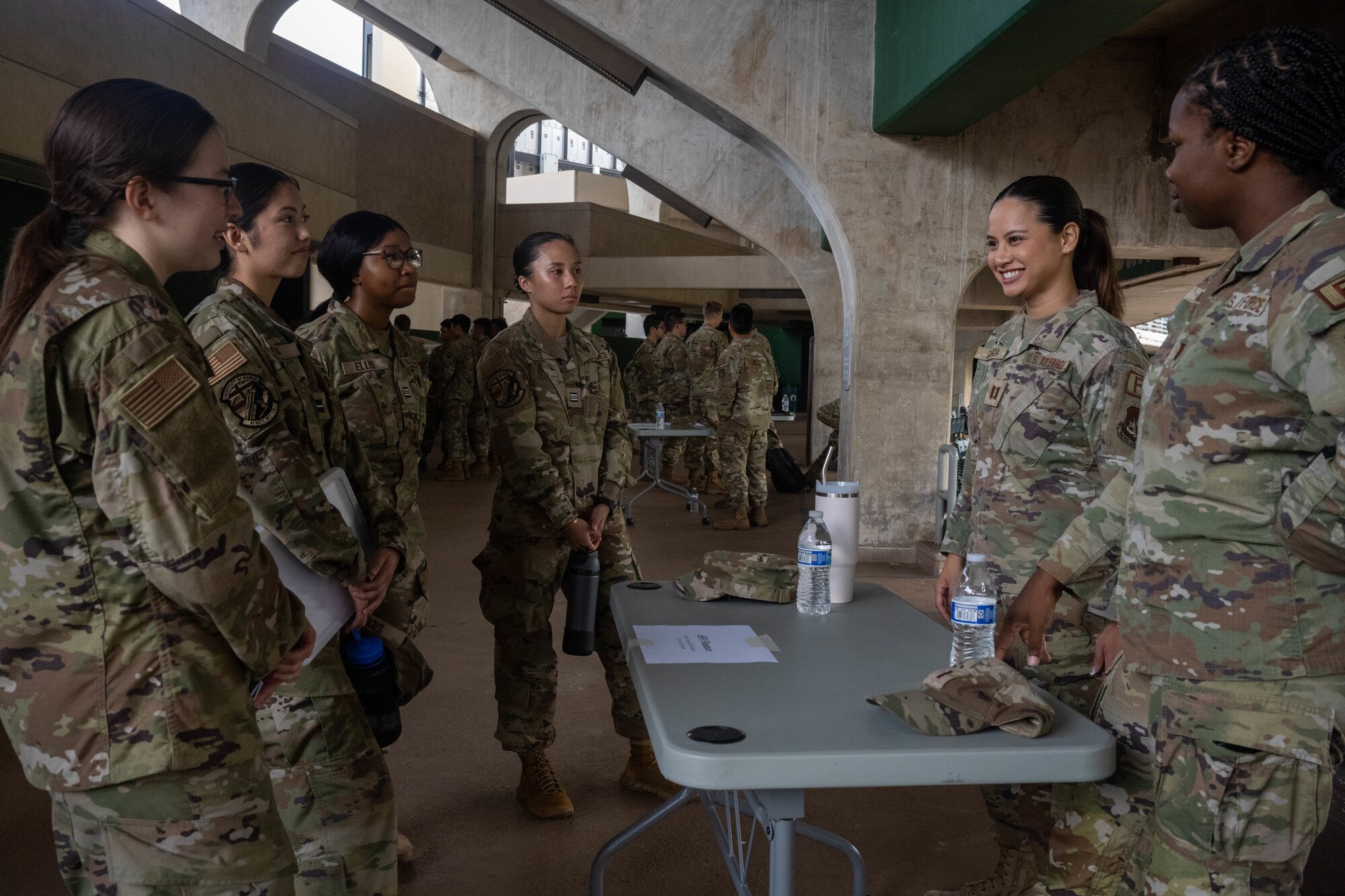 Air Force Reserve Officer Training Corps cadets assigned to Detachment 175 speak to finance officers from Joint Base Pearl Harbor-Hickam during a career day at the University of Hawaii at Manoa, Oct. 13, 2023. The cadets were able to meet and ask questions about career fields they may be interested in and learn more about the Air Force. (U.S. Air Force photo by Senior Airman Makensie Cooper)